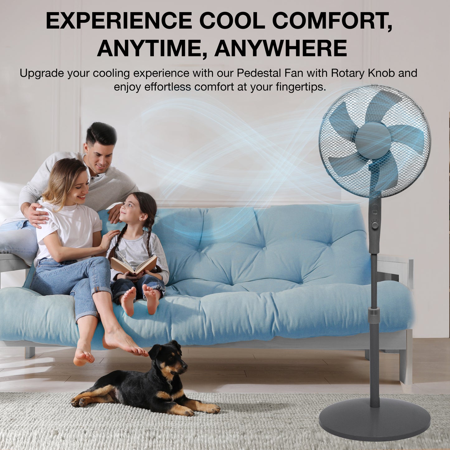 Knight 16" Heavy Duty 5 Blade Pedestal Stand Fan, 140cm Adjustable Height, 3 Speed Setting, Heavy Round Base, Oscillating, Tilting head - Black & Grey