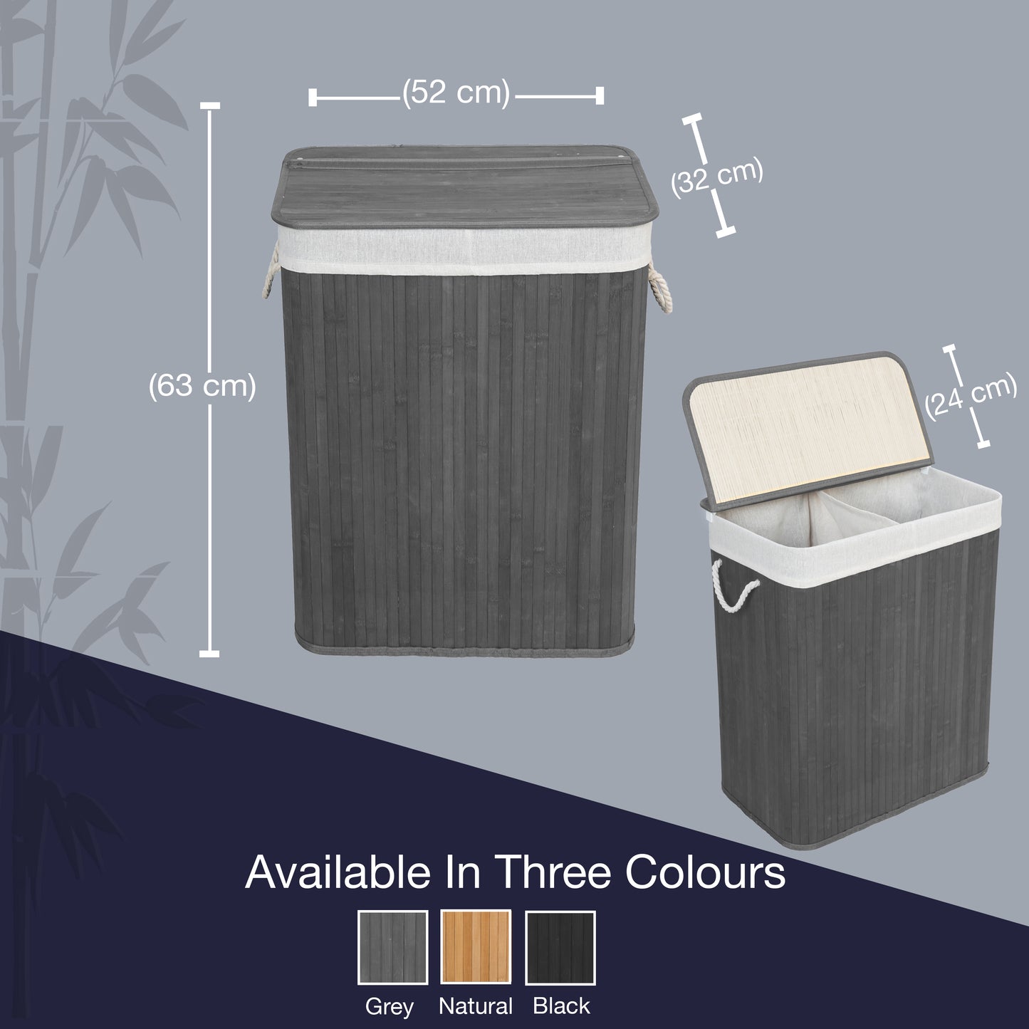 KNIGHT Bamboo Laundry Hamper 105L - Dual Compartment Basket, Removable & Washable Liner, Foldable, for Bedroom & Bathroom, 52x32x63cm