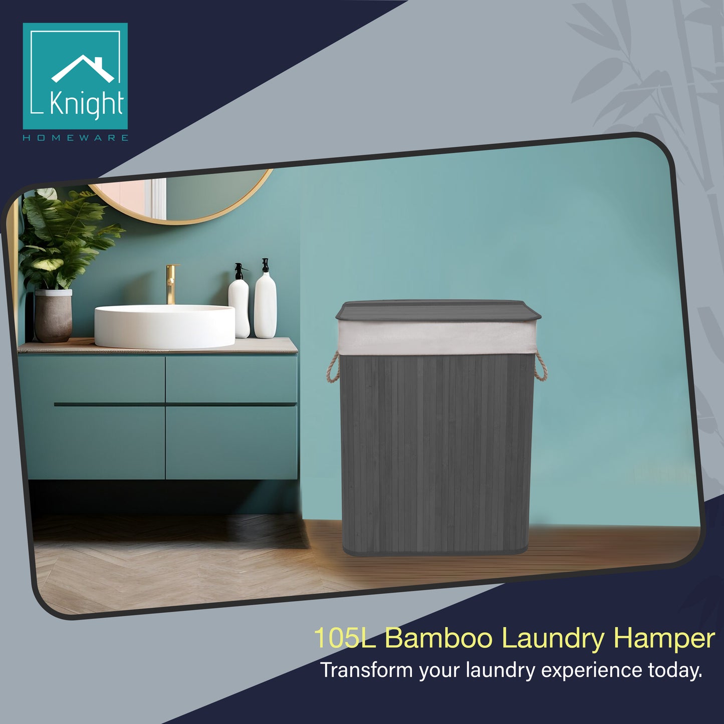 KNIGHT Bamboo Laundry Hamper 105L - Dual Compartment Basket, Removable & Washable Liner, Foldable, for Bedroom & Bathroom, 52x32x63cm