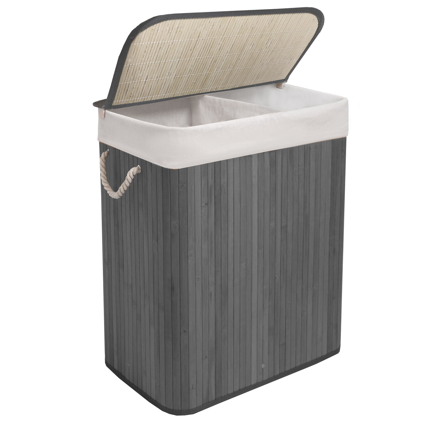 KNIGHT Bamboo Laundry Hamper 105L - Dual Compartment Basket, Removable & Washable Liner, Foldable, for Bedroom & Bathroom, 52x32x63cm