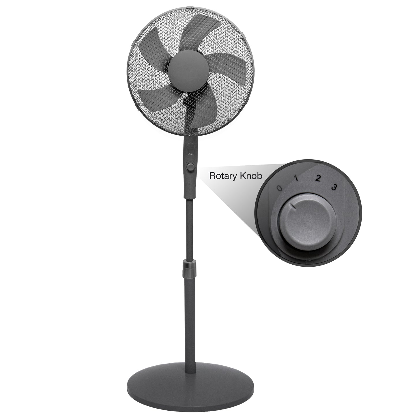Knight 16" Heavy Duty 5 Blade Pedestal Stand Fan, 140cm Adjustable Height, 3 Speed Setting, Heavy Round Base, Oscillating, Tilting head - Black & Grey
