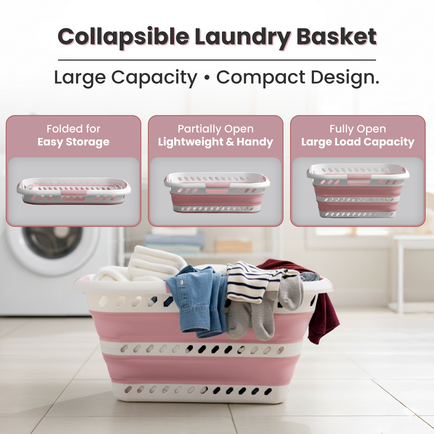 Knight Collapsible Laundry Basket 42L–Foldable Washing Basket with Handles, Large Space-Saving Basket for Clothes – Multipurpose Laundry Hamper & Collapsible Washing Baskets for Laundry (Pink)