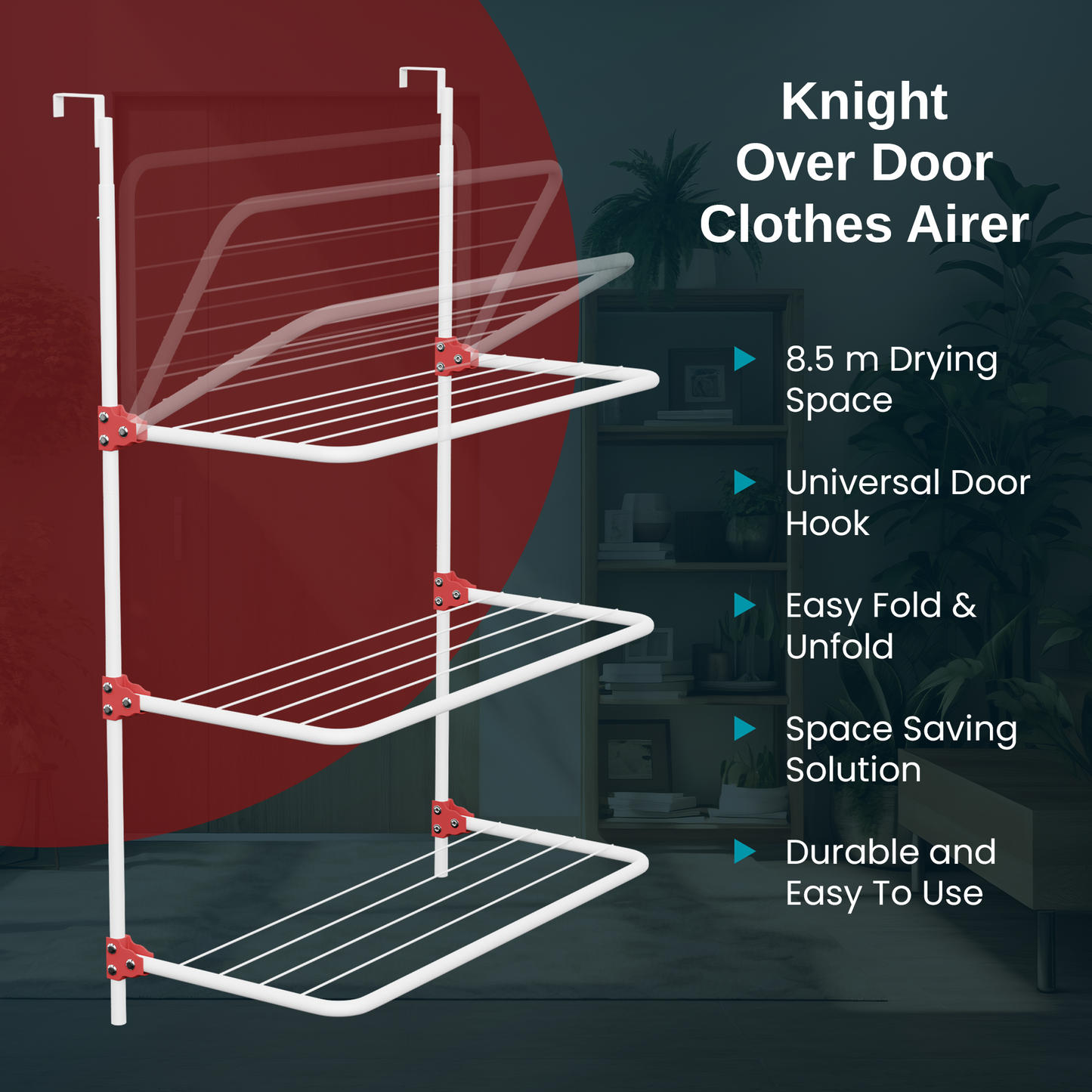 Knight 3-Tier Over The Door Clothes Airer | Foldable Clothes Rail with Corner Spaces for Hangers | Sturdy Hanging Washing Laundry Airer | Indoor Clothes Drying Rack for Small Spaces (White)