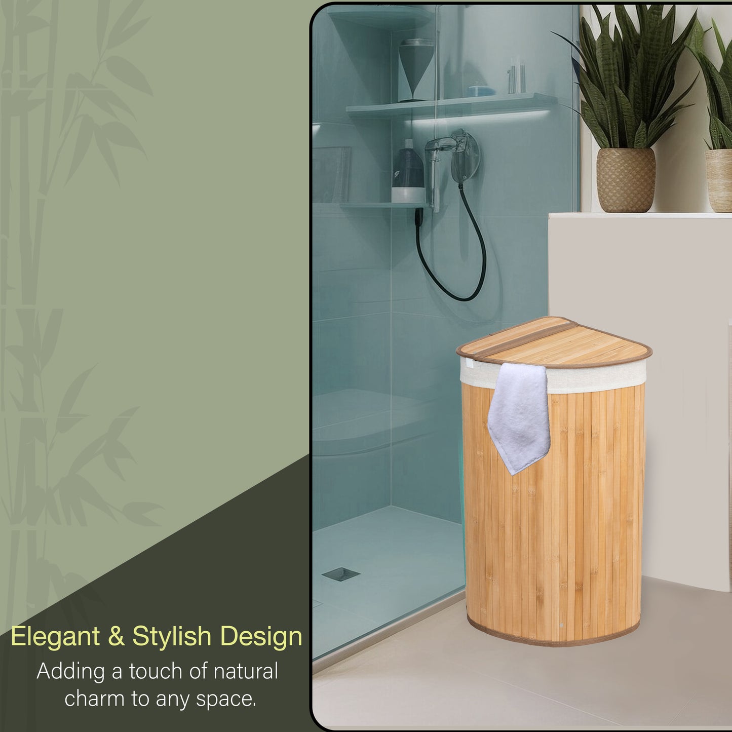 KNIGHT 57L Bamboo Corner Laundry Hamper - Swing Lid, Removable & Washable Lining, Easy to Assemble & Foldable Storage Bin,35x35x60