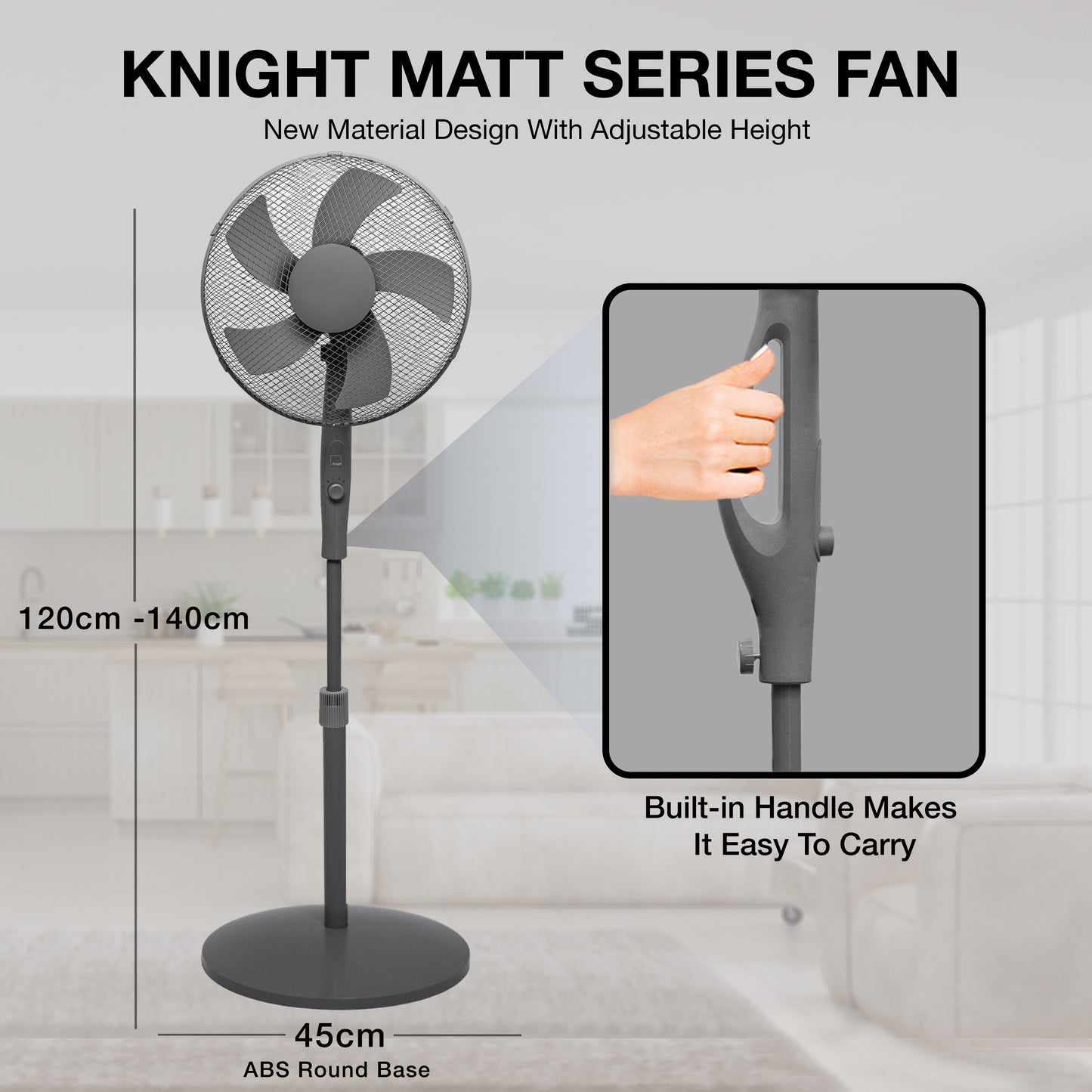 Knight 16" Heavy Duty 5 Blade Pedestal Stand Fan, 140cm Adjustable Height, 3 Speed Setting, Heavy Round Base, Oscillating, Tilting head - Black & Grey