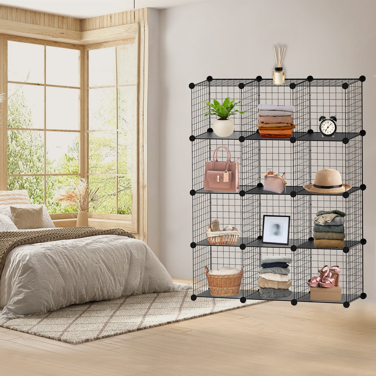 Knight 12 Cube Interlocking Storage Rack with Metal Wire Mesh Shelves Multifunctional Wire Fence Display Stand Unit Cabinet Large Capacity Free Rubber Mallet 123 x 93 x 31 cm Black