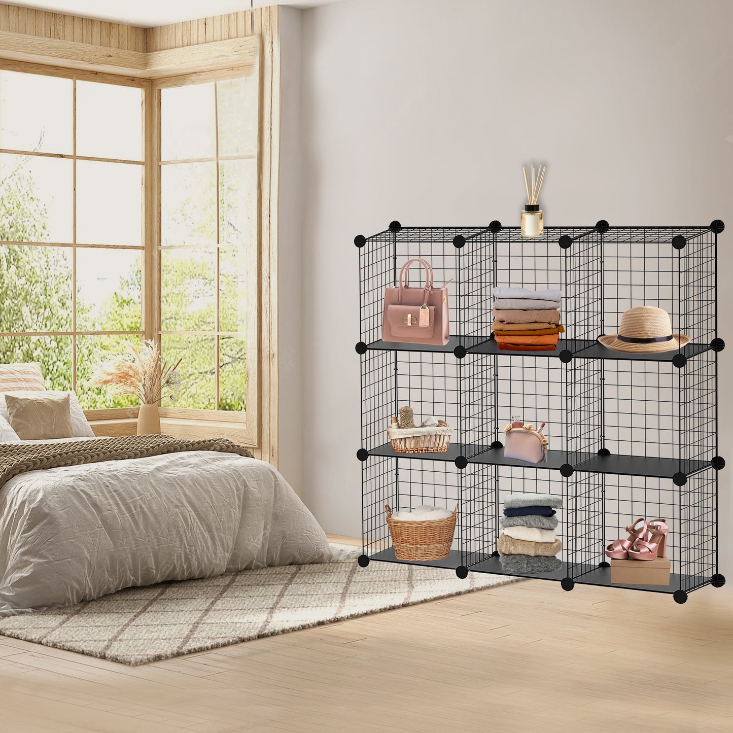 Knight 9 Cube Interlocking Storage Rack with Metal Wire Mesh Shelves | Cube Bookcase | Multifunctional Wire Fence Display Stand Unit Cabinet Large Capacity with Free Rubber Mallet