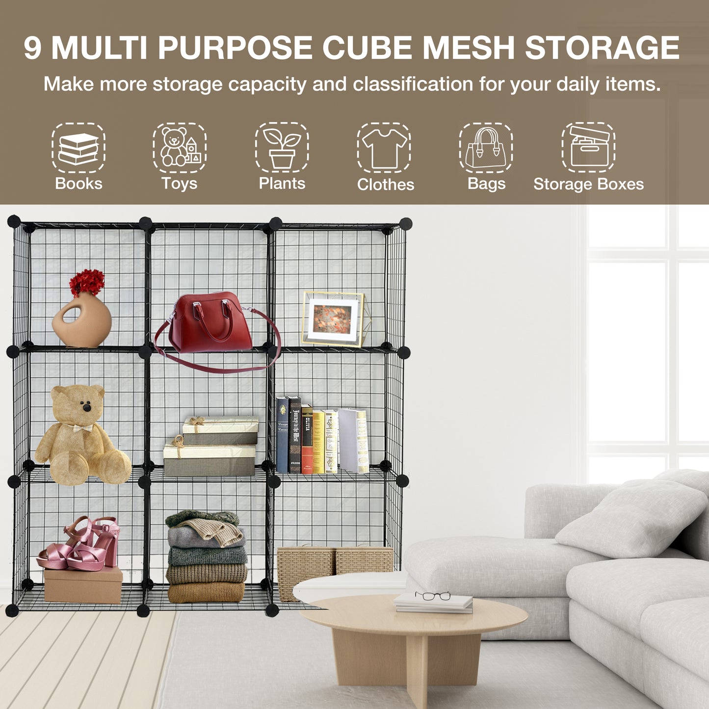 Knight 9 Cube Interlocking Storage Rack with Metal Wire Mesh Shelves | Cube Bookcase | Multifunctional Wire Fence Display Stand Unit Cabinet Large Capacity with Free Rubber Mallet