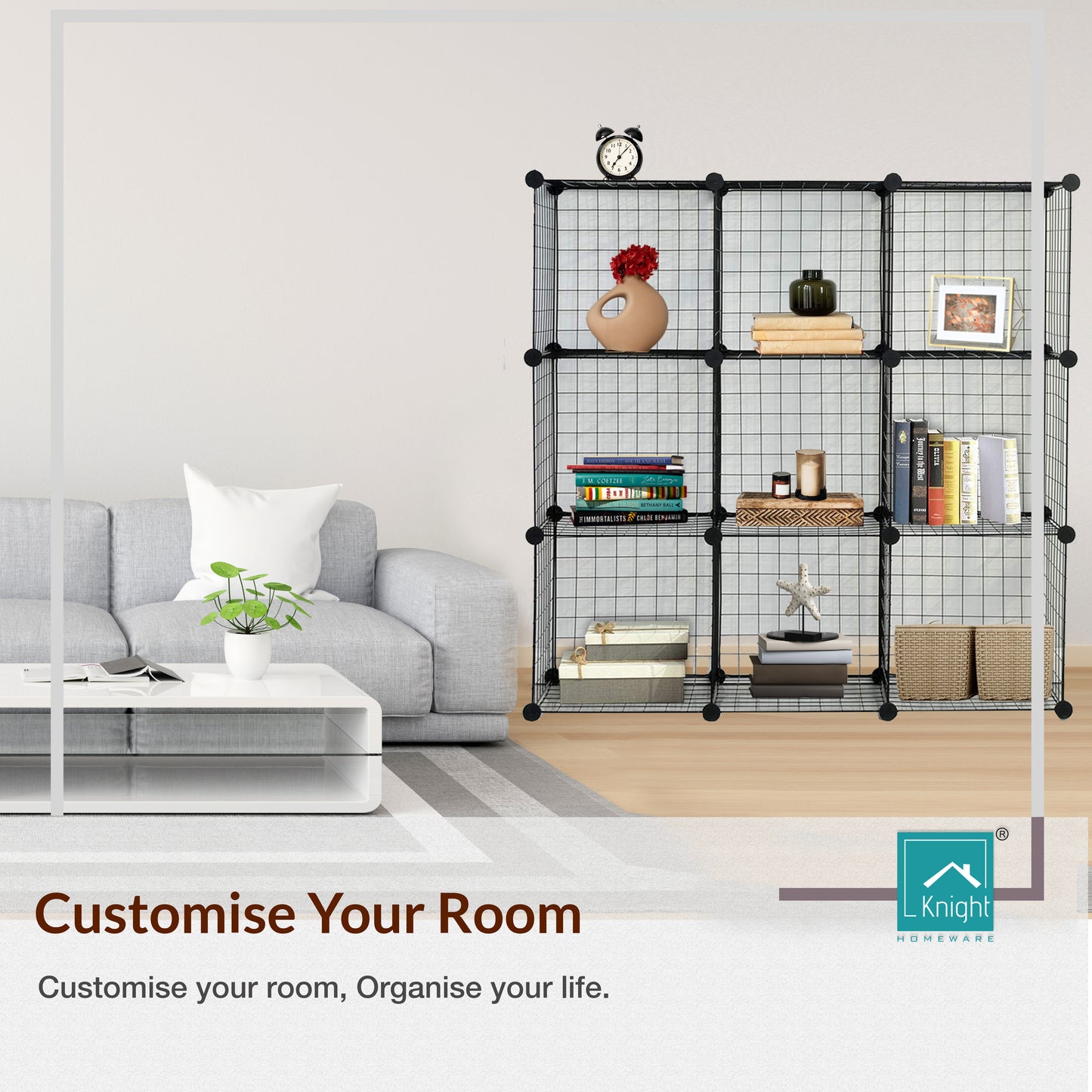 Knight 9 Cube Interlocking Storage Rack with Metal Wire Mesh Shelves | Cube Bookcase | Multifunctional Wire Fence Display Stand Unit Cabinet Large Capacity with Free Rubber Mallet