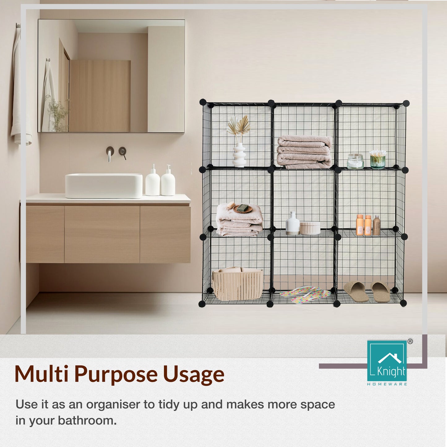 Knight 9 Cube Interlocking Storage Rack with Metal Wire Mesh Shelves | Cube Bookcase | Multifunctional Wire Fence Display Stand Unit Cabinet Large Capacity with Free Rubber Mallet