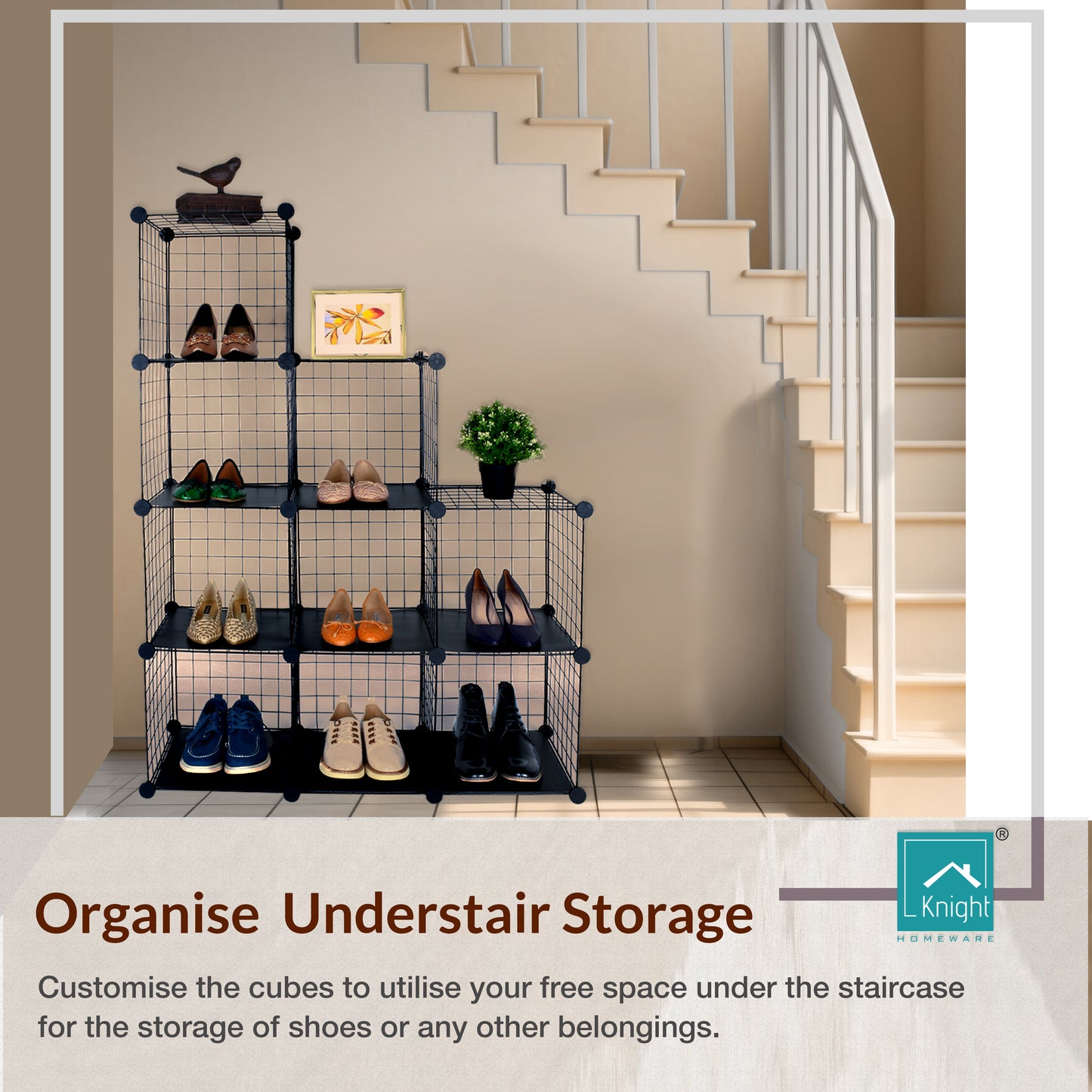 Knight 9 Cube Interlocking Storage Rack with Metal Wire Mesh Shelves | Cube Bookcase | Multifunctional Wire Fence Display Stand Unit Cabinet Large Capacity with Free Rubber Mallet