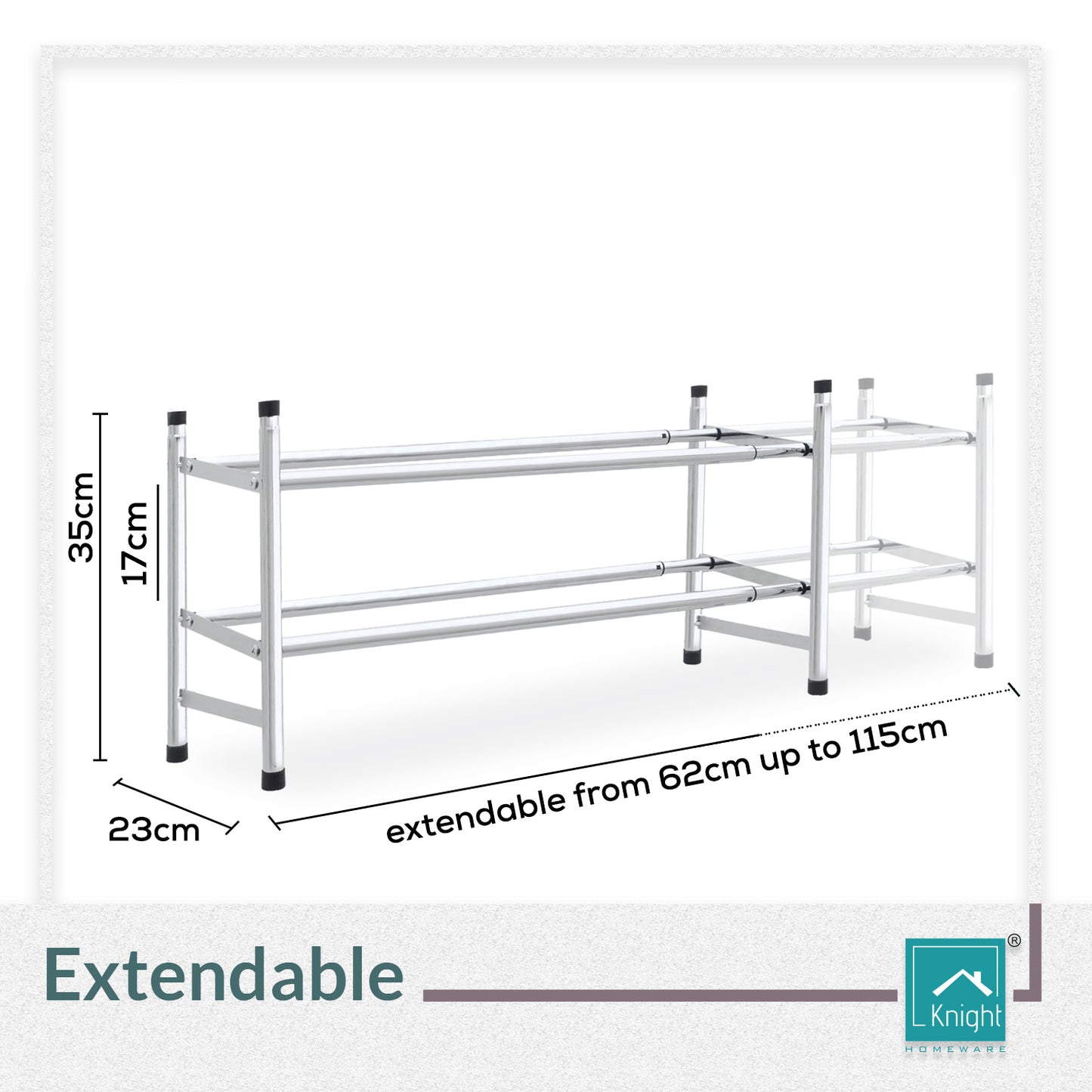 Knight 2 Tier Extendable Shoe Rack | Adjustable Shelving unit Shoe Storage Holds 12 Pairs of Shoes | Stackable Shoe Organiser | Chrome Finish | 115(L) x 23(W) x 35(H) (2 Tier)