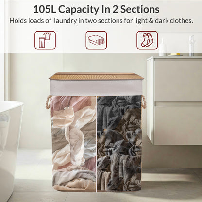 KNIGHT Bamboo Laundry Basket, 105L Laundry Hamper with Removable Washable Lining, Easy Assemble Easy Folding Storage Bin 40x18x60 cm (Micro weave- Natural)