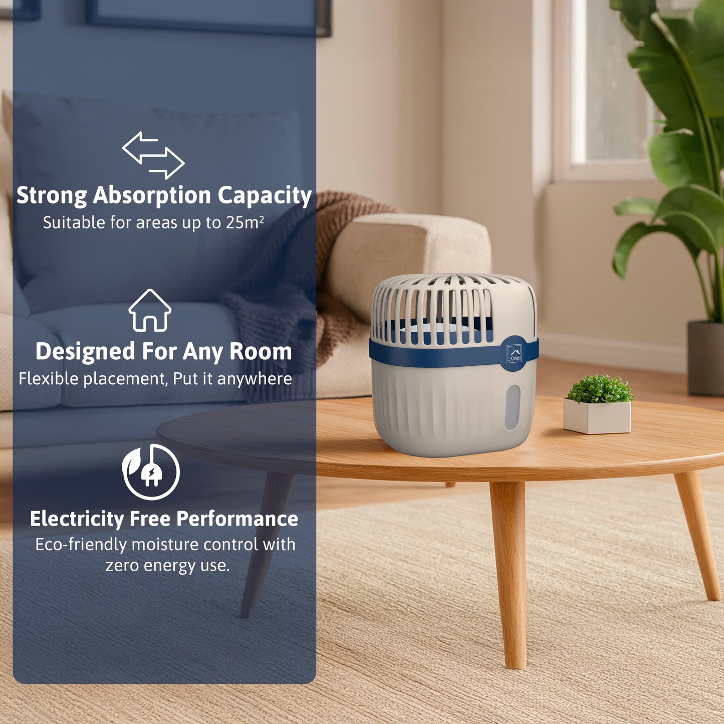 Knight Refillable & Reusable Dehumidifier, 360º Moisture Absorber, Lasts Upto 60 Days Fast Absorption Of Moisture In Home, Garage, Caravans & Office. 1 Reusable Unit with 2 Tablets - Blue