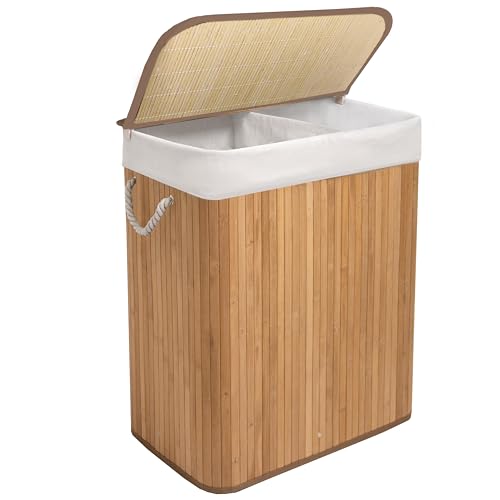 KNIGHT Bamboo Laundry Hamper 105L - Dual Compartment Basket, Removable & Washable Liner, Foldable, for Bedroom & Bathroom, 52x32x63cm