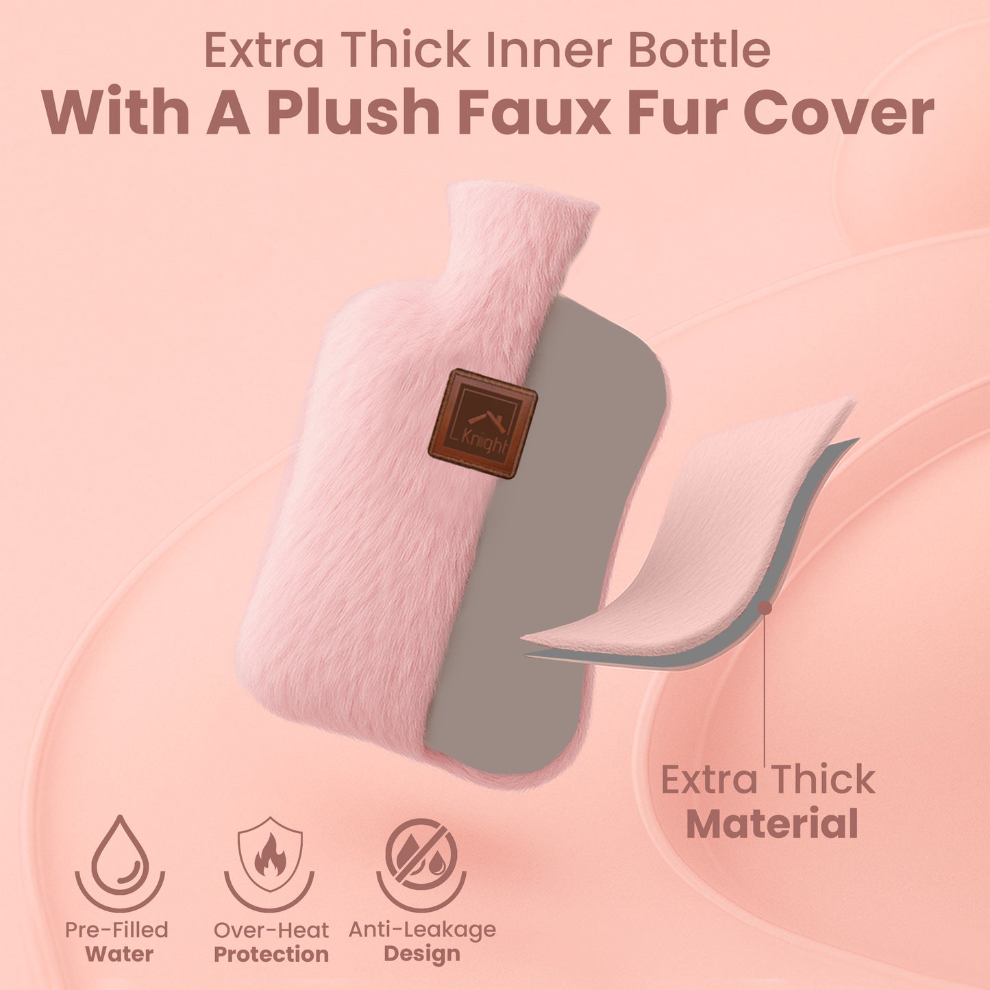 KNIGHT Rechargeable Hot Water Bottle with Charger, Soft &amp; Fluffy Cover with Hand Warmer, Heat Pad for Hand &amp; Body Up to 6 Hour, Fast Heating Temperature Control Valentine's Day Gift for Girls - Pink