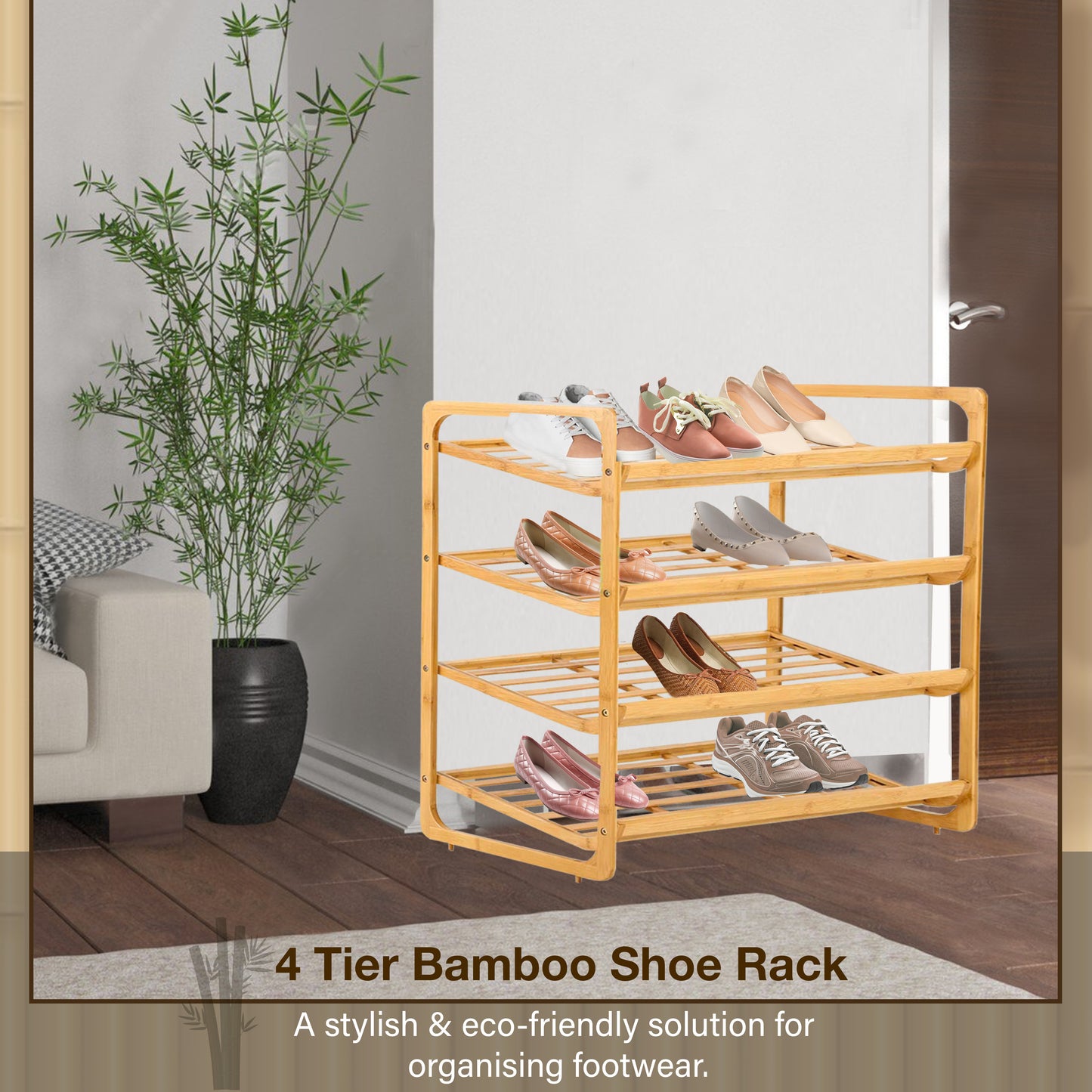Knight 4 TIER Bamboo Shoe Rack,100% Natural & Renewable, Super Strong Heavy Duty Durable Wooden Shoe Rack Stand Storage Organiser (4 Tier (L71 x W33 x H68 cm))