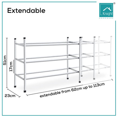 Knight 3 Tier Extendable Shoe Rack | Adjustable Shelving unit Shoe Storage Holds 18 Pairs of Shoes | Stackable Shoe Organiser | Chrome Finish | 112(L) x 23(W) x 52(H) (3 Tier)