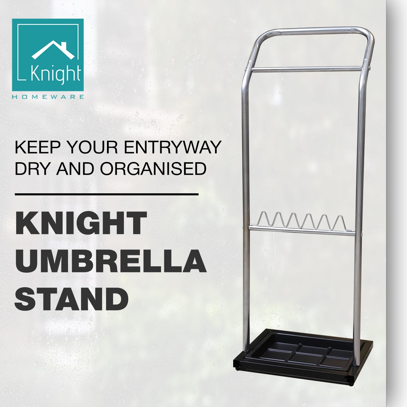 Knight Chrome Umbrella Stand with Removable Drip Tray | Free standing and Space Saving Umbrella Organiser for Hallway, Office, Entrances | 26L x 33W x 90H