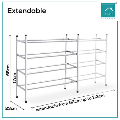 Knight 3 Tier Extendable Shoe Rack | Adjustable Shelving unit Shoe Storage Holds 18 Pairs of Shoes | Stackable Shoe Organiser | Chrome Finish | 112(L) x 23(W) x 52(H) (3 Tier)