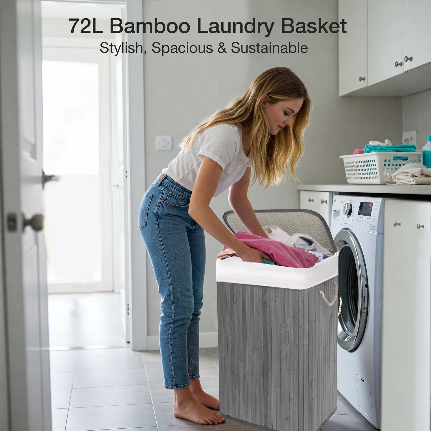 KNIGHT Bamboo Laundry Basket, 72L Laundry Hamper with Removable Washable Lining, Easy Assemble Easy Folding Storage Bin 40x30x60 cm