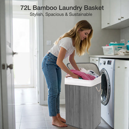 KNIGHT Bamboo Laundry Basket, 72L Laundry Hamper with Removable Washable Lining, Easy Assemble Easy Folding Storage Bin 40x30x60 cm