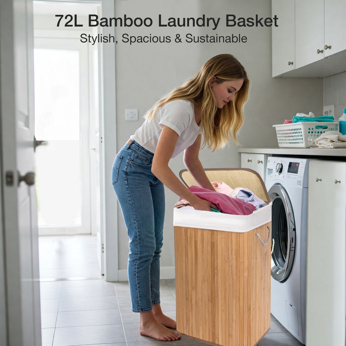 KNIGHT Bamboo Laundry Basket, 72L Laundry Hamper with Removable Washable Lining, Easy Assemble Easy Folding Storage Bin 40x30x60 cm