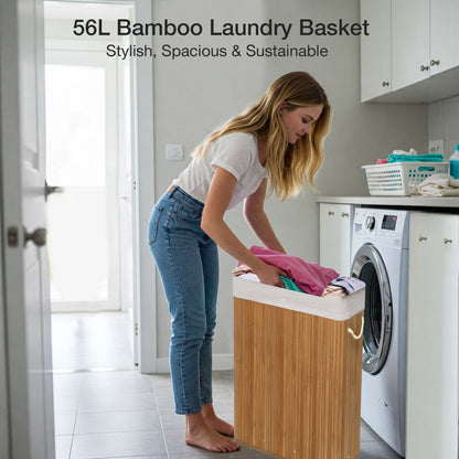 KNIGHT Bamboo Laundry Basket, 56L Laundry Hamper with Removable Washable Lining, Easy Assemble Easy Folding Storage Bin 40x18x60 cm ( Natural)