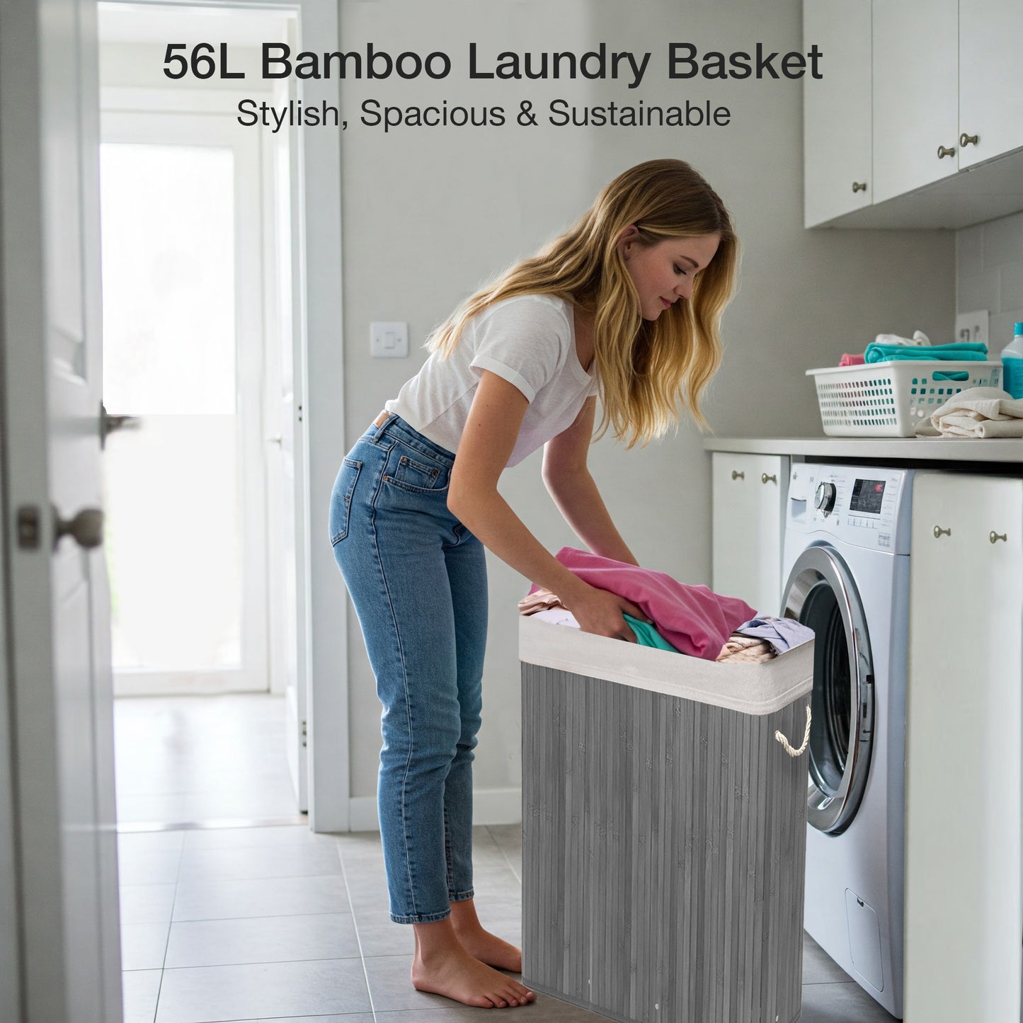 KNIGHT Bamboo Laundry Basket, 56L Laundry Hamper with Removable Washable Lining, Easy Assemble Easy Folding Storage Bin 40x18x60 cm (Grey)