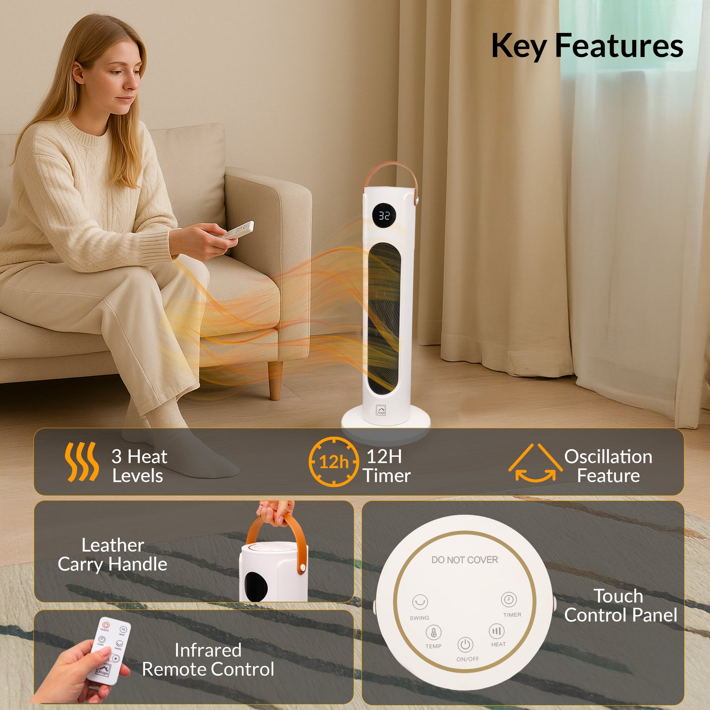 KNIGHT Electric Heater 2000W Portable Ceramic Fan Heater for Home, 80° Oscillating PTC Tower Heater with Remote, Instant Heating in 3 Seconds for Large Room, Touch Screen Control & Leather Handle