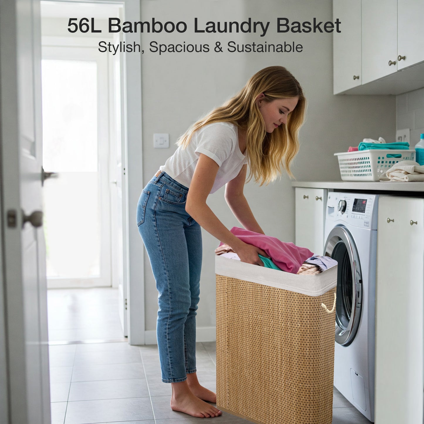 KNIGHT Bamboo Laundry Basket, 56L Laundry Hamper with Removable Washable Lining, Easy Assemble Easy Folding Storage Bin 40x18x60 cm (Micro weave- Natural)