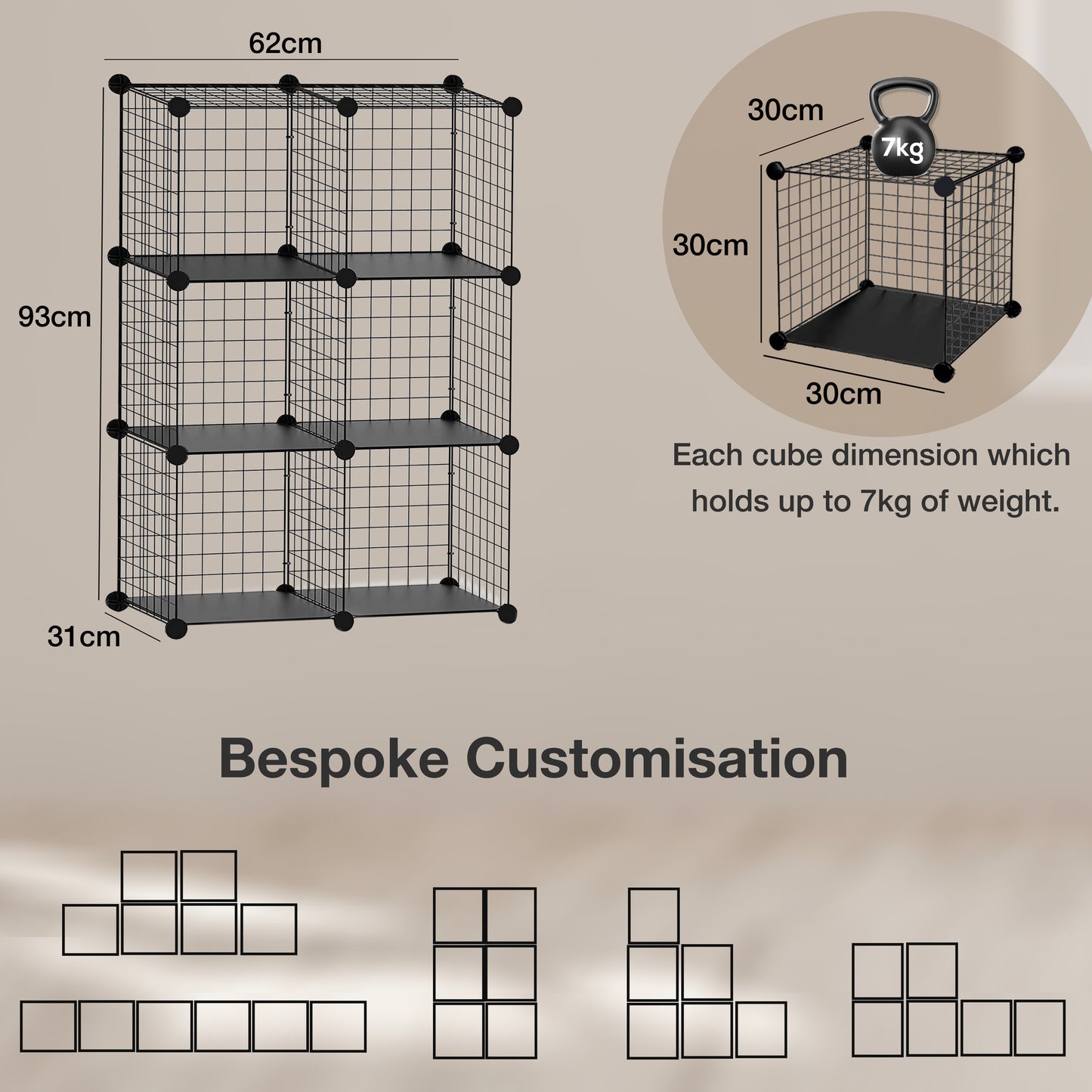 Knight 6 Cube Interlocking Storage Rack | Metal Wire Mesh Shelves | Metal Wire Fence| Combination Display Stand Unit | Large Capacity | Free Rubber Mallet | 62 x 31 x 93 cm | Black