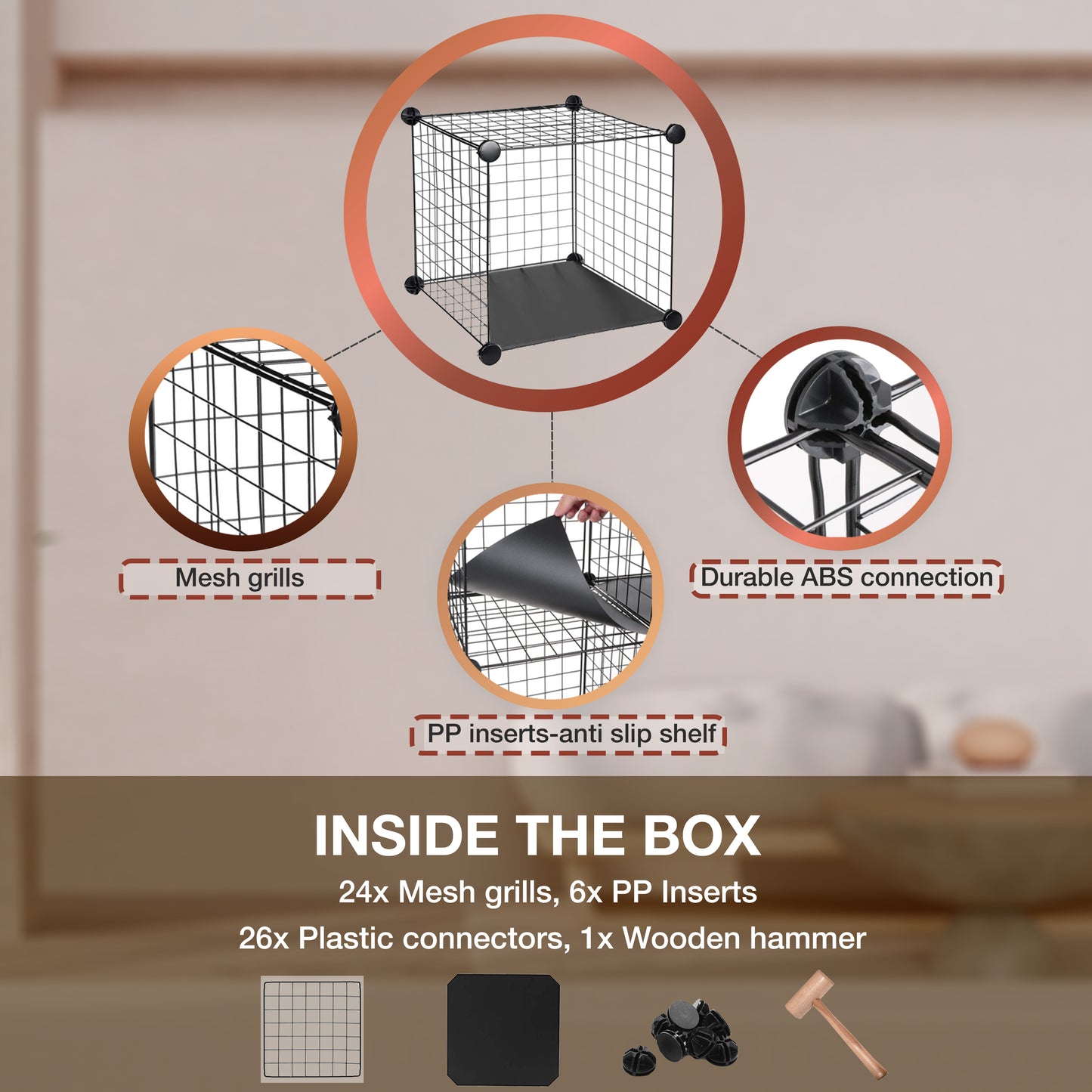 Knight 6 Cube Interlocking Storage Rack | Metal Wire Mesh Shelves | Metal Wire Fence| Combination Display Stand Unit | Large Capacity | Free Rubber Mallet | 62 x 31 x 93 cm | Black
