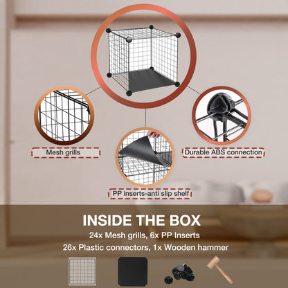 Knight 6 Cube Interlocking Storage Rack | Metal Wire Mesh Shelves | Metal Wire Fence| Combination Display Stand Unit | Large Capacity | Free Rubber Mallet | 62 x 31 x 93 cm | Black