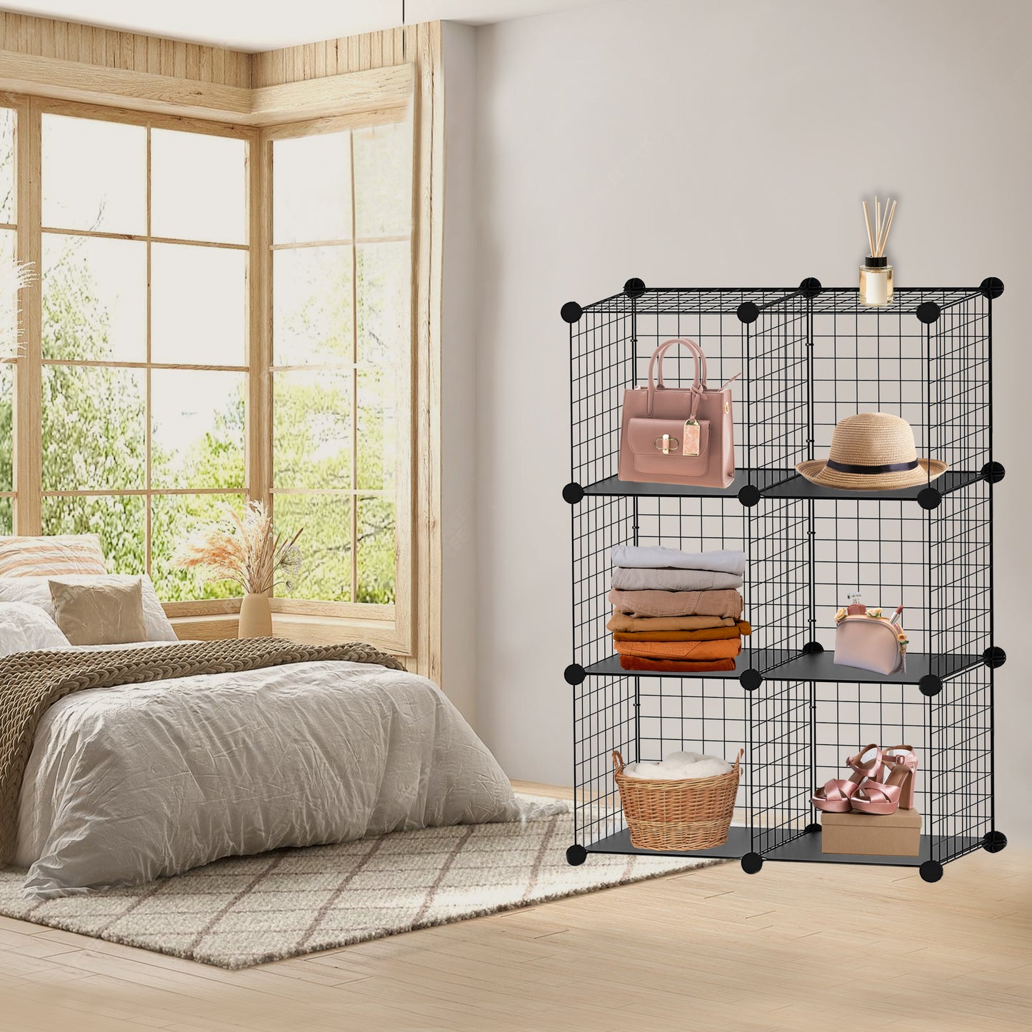 Knight 6 Cube Interlocking Storage Rack | Metal Wire Mesh Shelves | Metal Wire Fence| Combination Display Stand Unit | Large Capacity | Free Rubber Mallet | 62 x 31 x 93 cm | Black