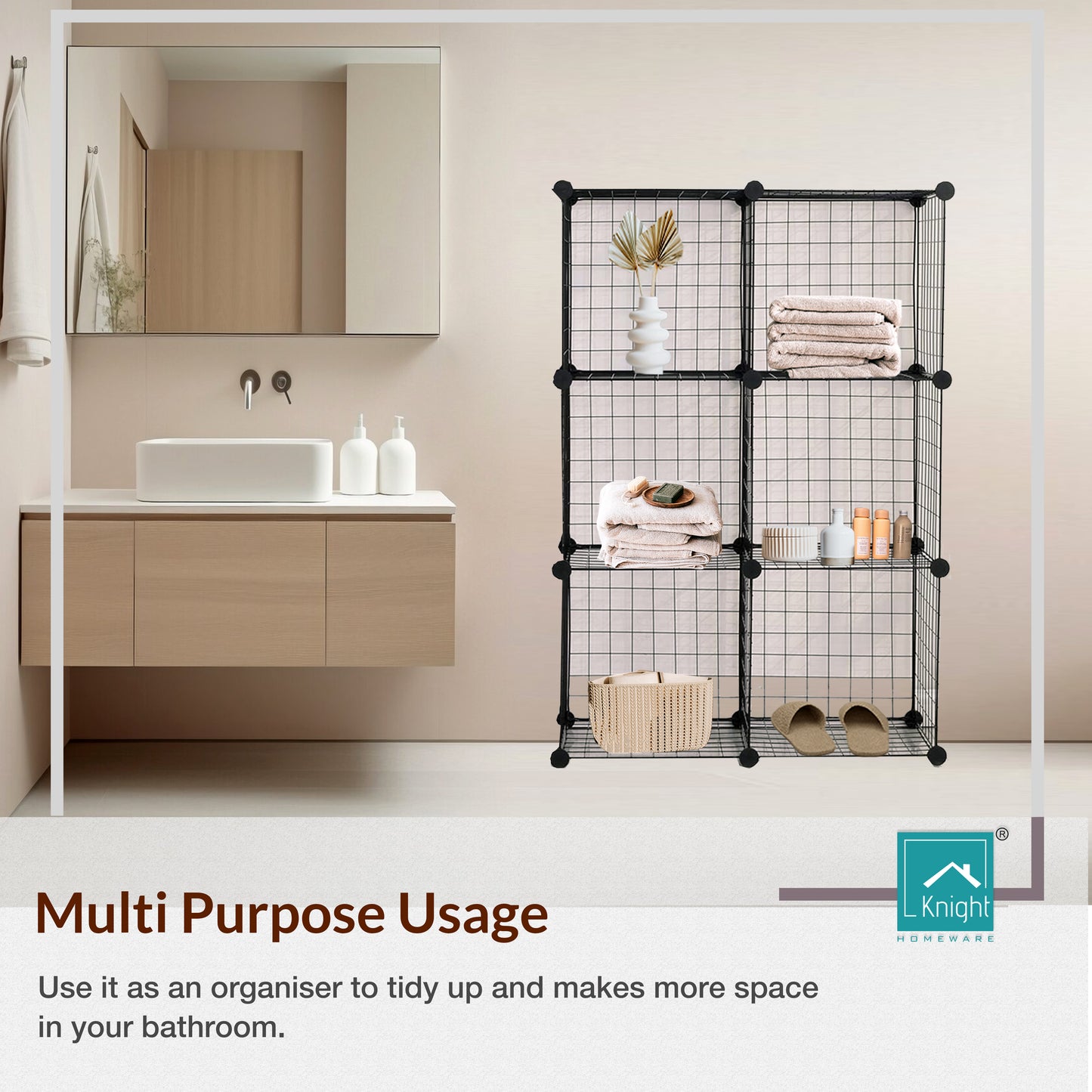 Knight 6 Cube Interlocking Storage Rack | Metal Wire Mesh Shelves | Metal Wire Fence| Combination Display Stand Unit | Large Capacity | Free Rubber Mallet | 62 x 31 x 93 cm | Black