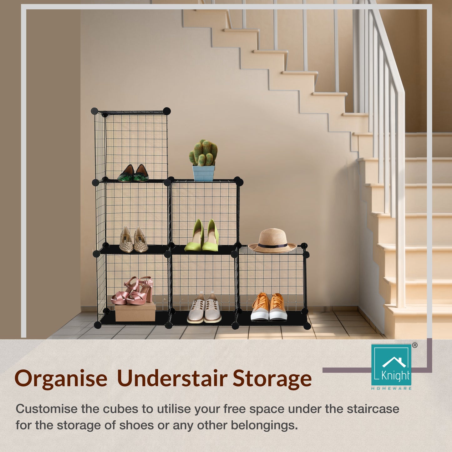 Knight 6 Cube Interlocking Storage Rack | Metal Wire Mesh Shelves | Metal Wire Fence| Combination Display Stand Unit | Large Capacity | Free Rubber Mallet | 62 x 31 x 93 cm | Black