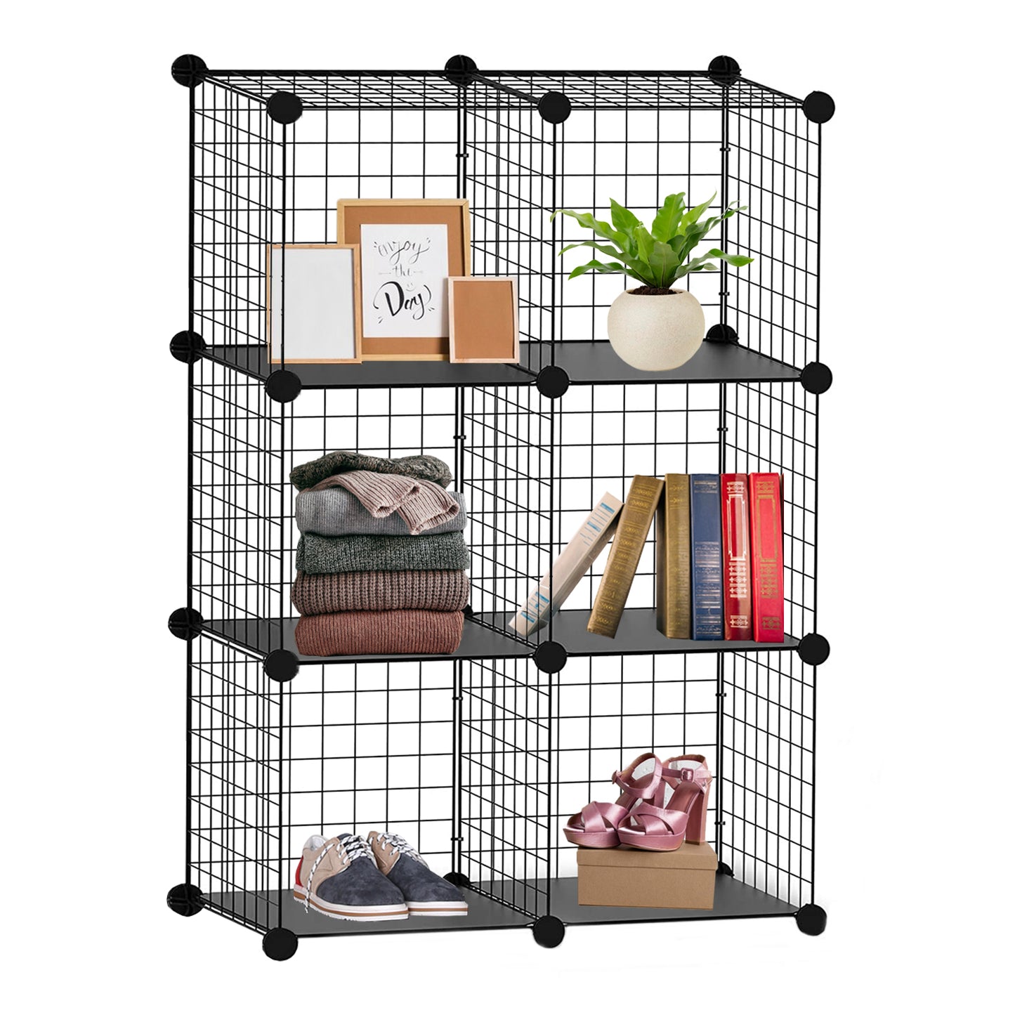 Knight 6 Cube Interlocking Storage Rack | Metal Wire Mesh Shelves | Metal Wire Fence| Combination Display Stand Unit | Large Capacity | Free Rubber Mallet | 62 x 31 x 93 cm | Black