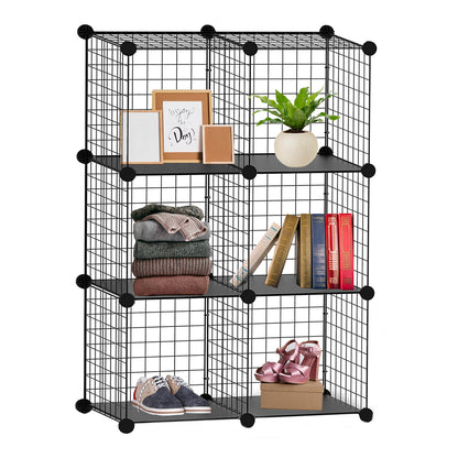 Knight 6 Cube Interlocking Storage Rack | Metal Wire Mesh Shelves | Metal Wire Fence| Combination Display Stand Unit | Large Capacity | Free Rubber Mallet | 62 x 31 x 93 cm | Black