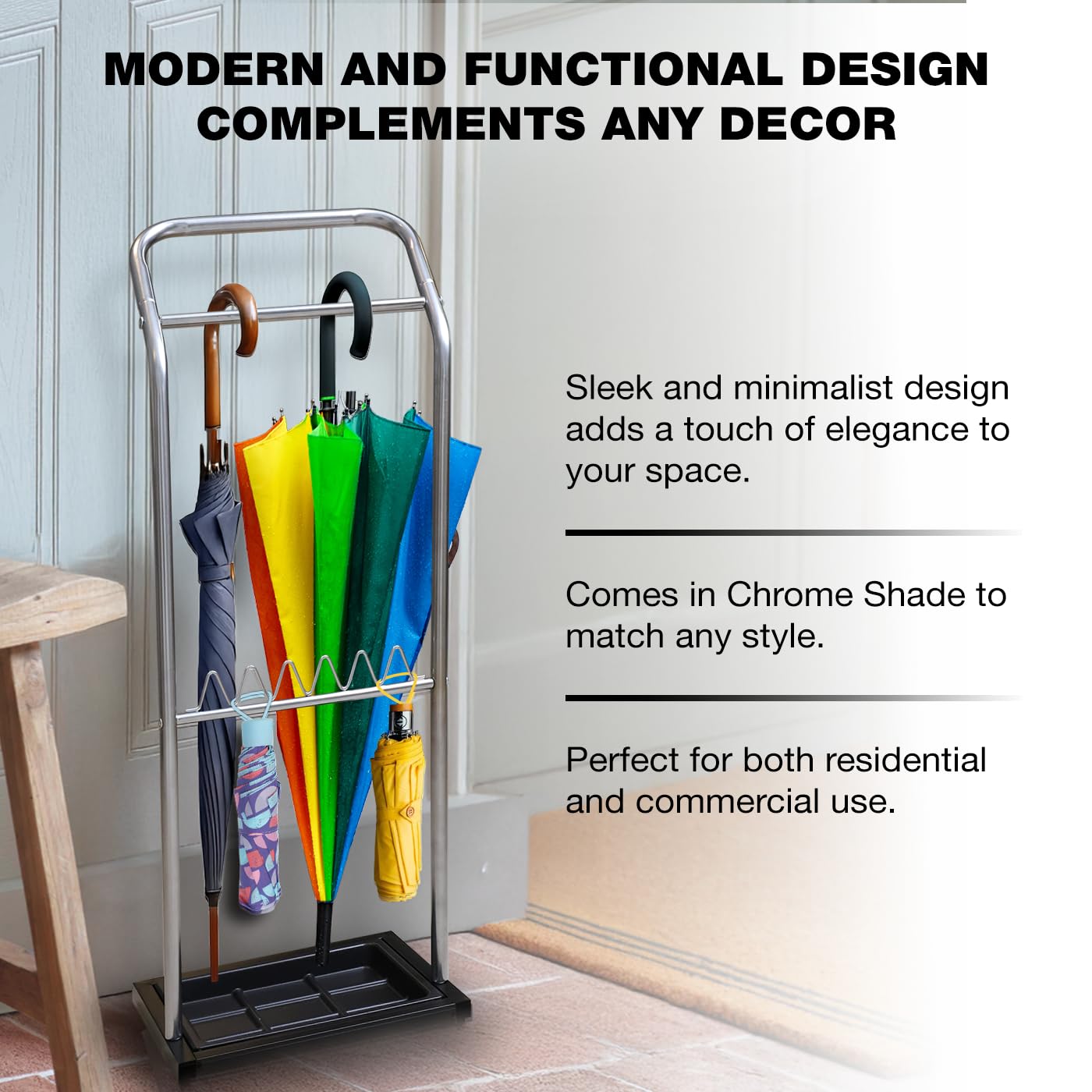 Knight Chrome Umbrella Stand with Removable Drip Tray | Free standing and Space Saving Umbrella Organiser for Hallway, Office, Entrances | 26L x 33W x 90H