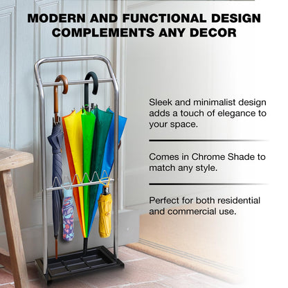 Knight Chrome Umbrella Stand with Removable Drip Tray | Free standing and Space Saving Umbrella Organiser for Hallway, Office, Entrances | 26L x 33W x 90H