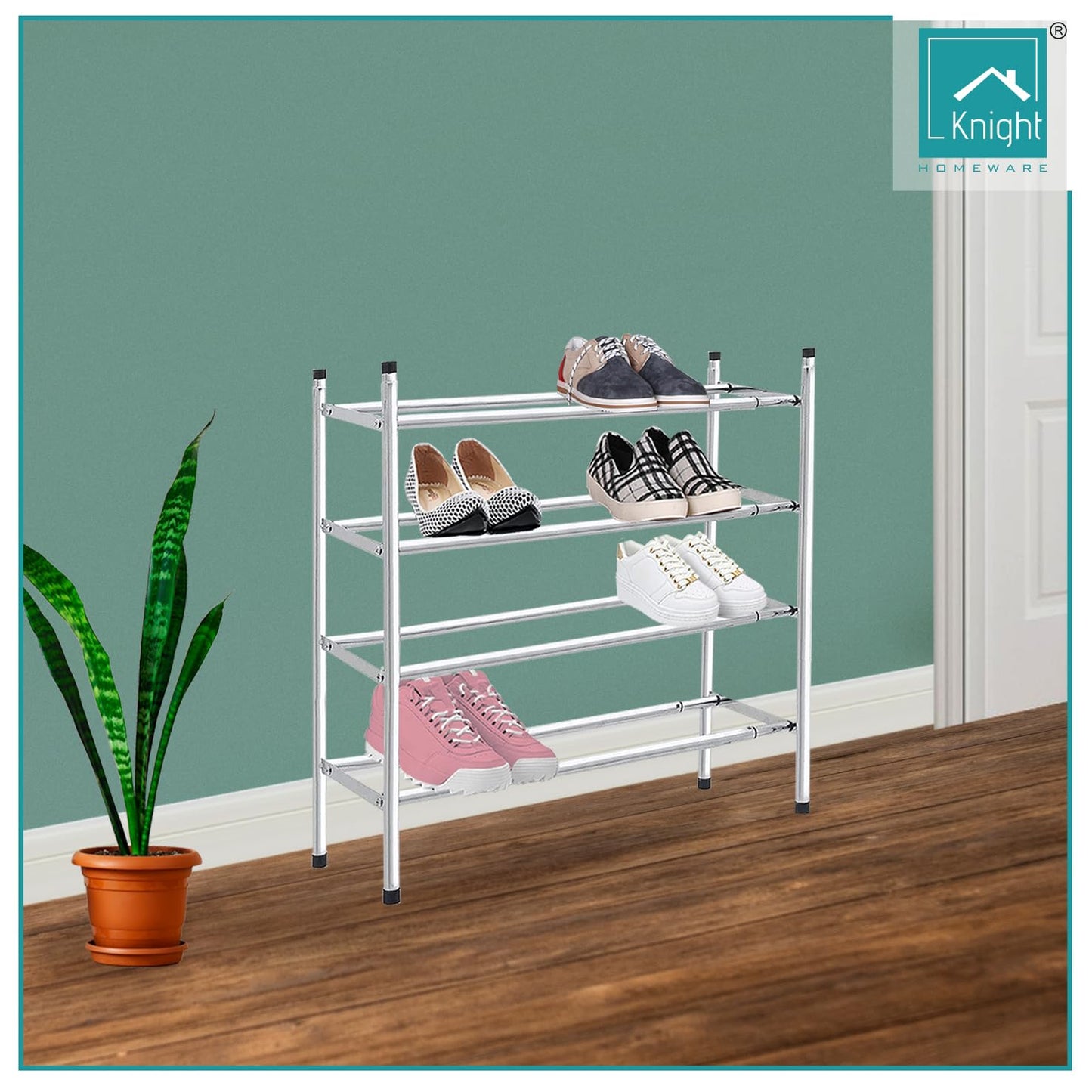 Knight 3 Tier Extendable Shoe Rack | Adjustable Shelving unit Shoe Storage Holds 18 Pairs of Shoes | Stackable Shoe Organiser | Chrome Finish | 112(L) x 23(W) x 52(H) (3 Tier)
