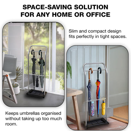 Knight Chrome Umbrella Stand with Removable Drip Tray | Free standing and Space Saving Umbrella Organiser for Hallway, Office, Entrances | 26L x 33W x 90H