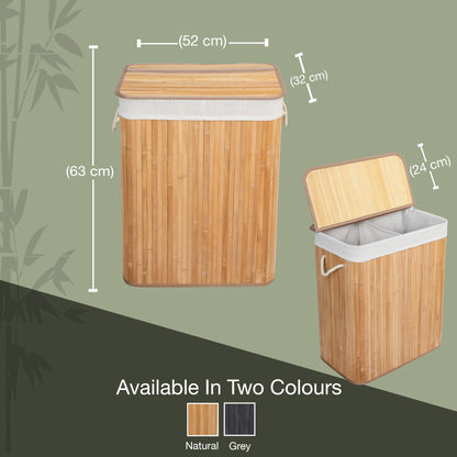 KNIGHT Bamboo Laundry Hamper 105L - Dual Compartment Basket, Removable & Washable Liner, Foldable, for Bedroom & Bathroom, 52x32x63cm