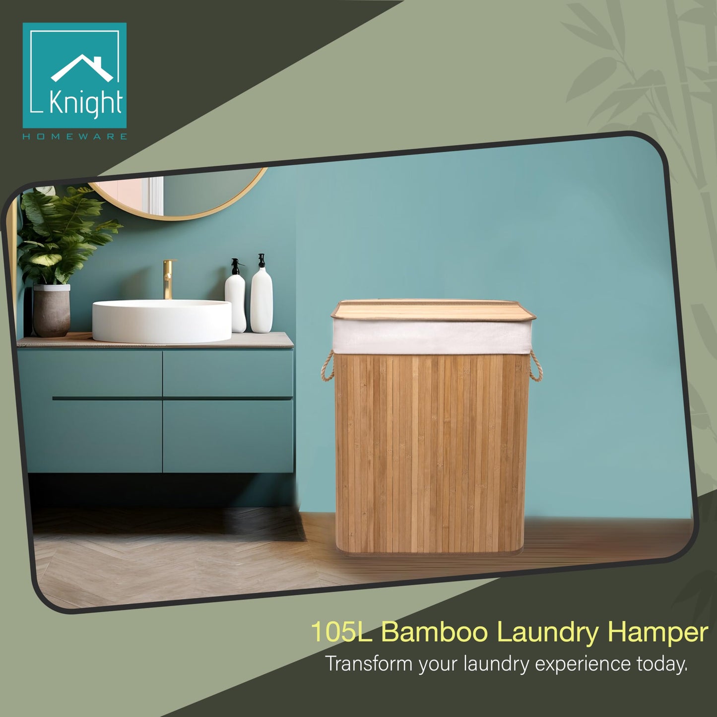 KNIGHT Bamboo Laundry Hamper 105L - Dual Compartment Basket, Removable & Washable Liner, Foldable, for Bedroom & Bathroom, 52x32x63cm