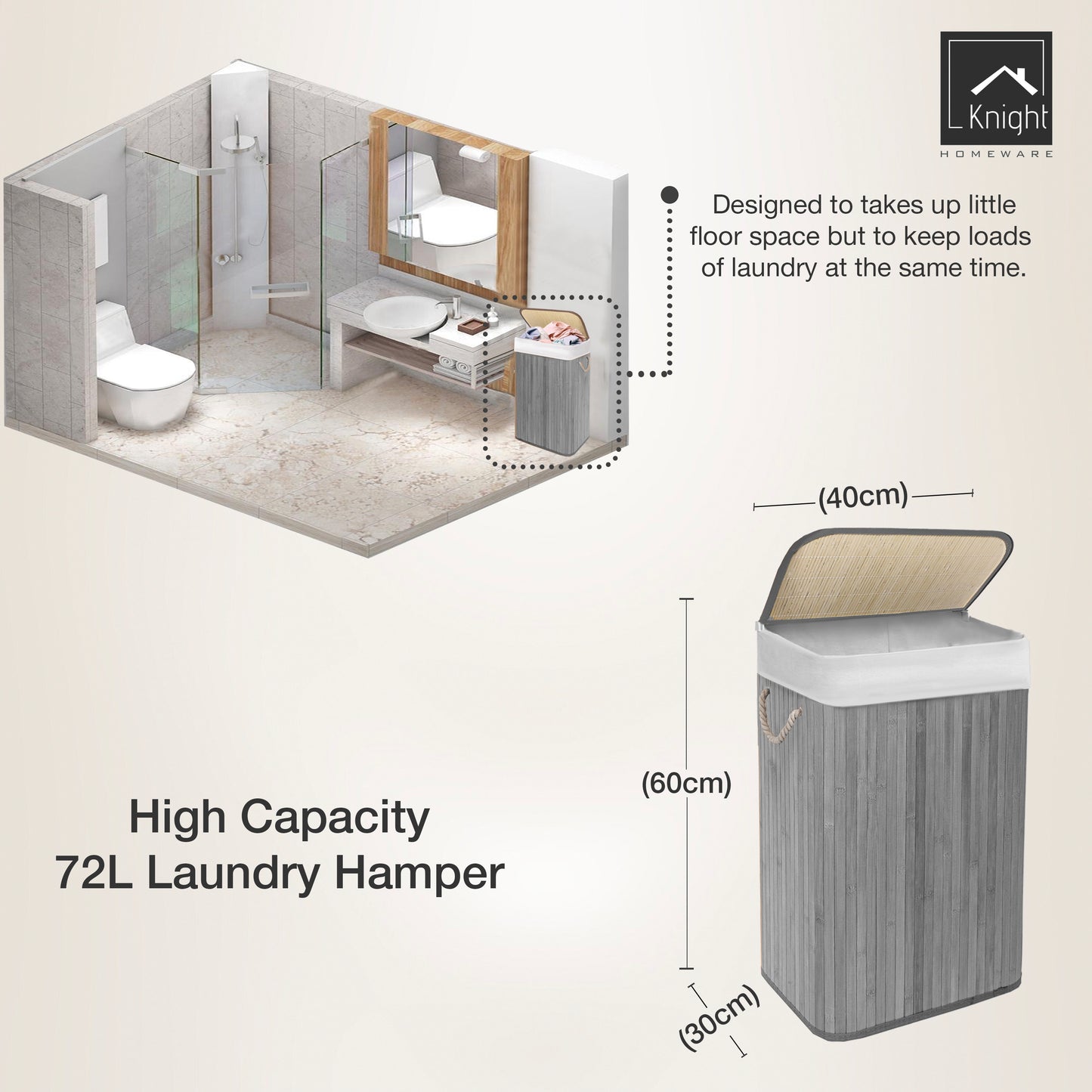 KNIGHT Bamboo Laundry Basket, 72L Laundry Hamper with Removable Washable Lining, Easy Assemble Easy Folding Storage Bin 40x30x60 cm