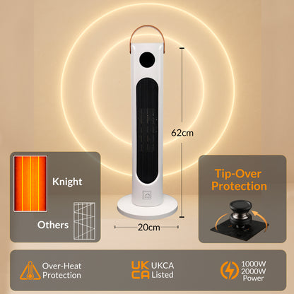KNIGHT Electric Heater 2000W Portable Ceramic Fan Heater for Home, 80° Oscillating PTC Tower Heater with Remote, Instant Heating in 3 Seconds for Large Room, Touch Screen Control & Leather Handle