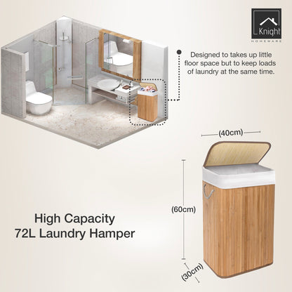 KNIGHT Bamboo Laundry Basket, 72L Laundry Hamper with Removable Washable Lining, Easy Assemble Easy Folding Storage Bin 40x30x60 cm