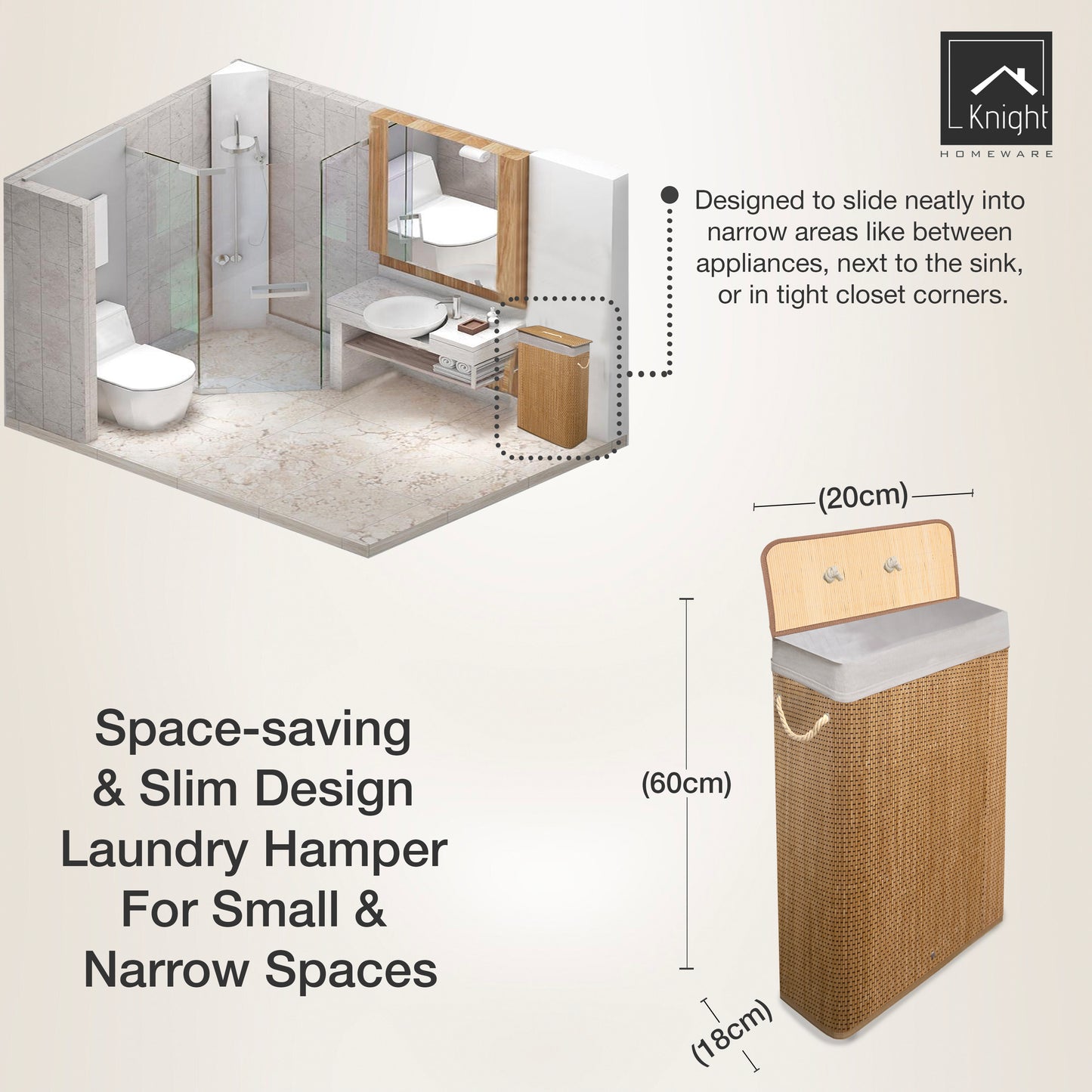 KNIGHT Bamboo Laundry Basket, 56L Laundry Hamper with Removable Washable Lining, Easy Assemble Easy Folding Storage Bin 40x18x60 cm (Micro weave- Natural)