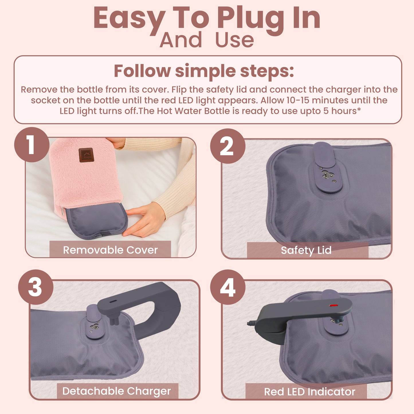 KNIGHT Rechargeable Hot Water Bottle with Charger, Soft &amp; Fluffy Cover with Hand Warmer, Heat Pad for Hand &amp; Body Up to 6 Hour, Fast Heating Temperature Control Valentine's Day Gift for Girls - Pink